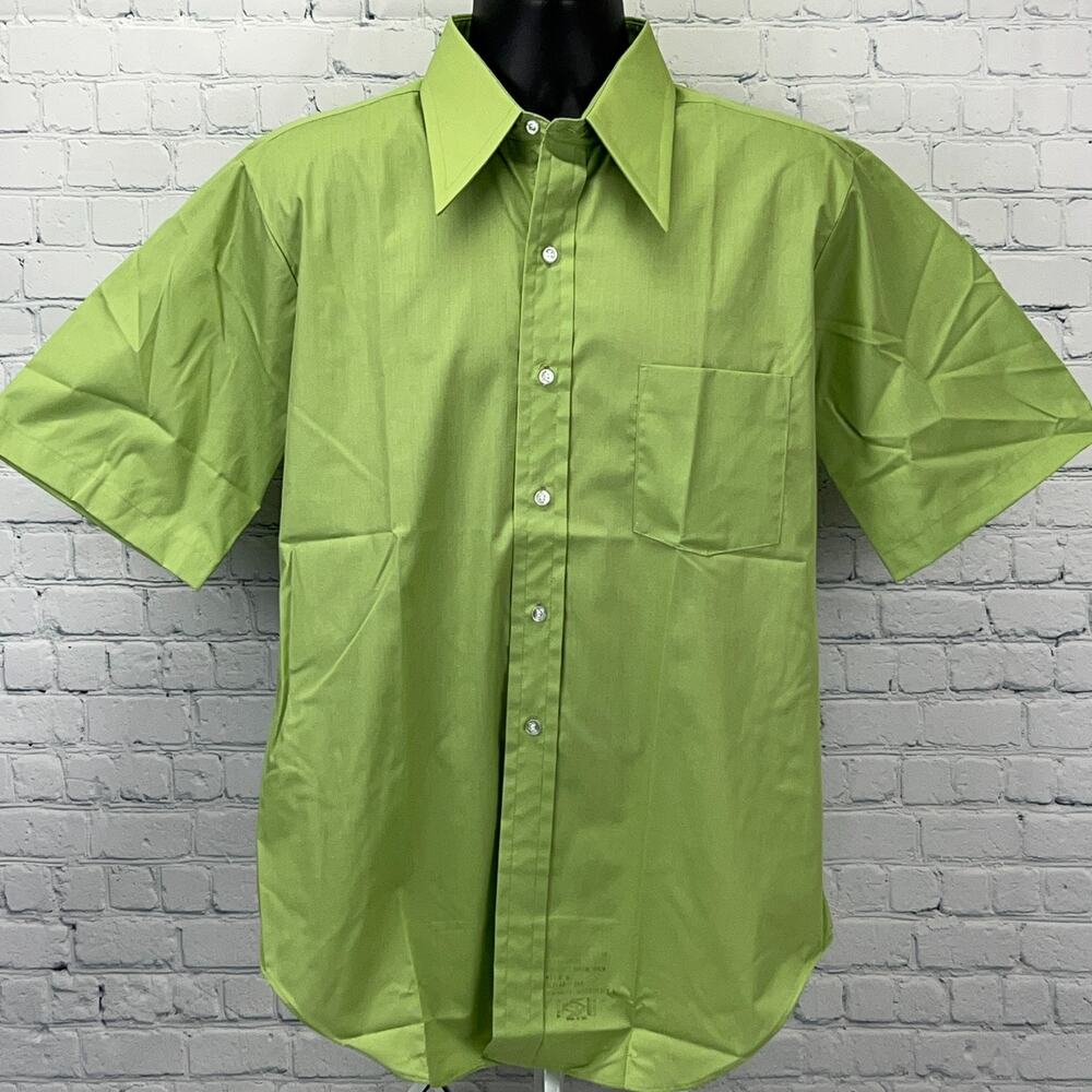 Vintage 70s Arrow Kent Collection Button Front Shirt L Large Green Big Collar